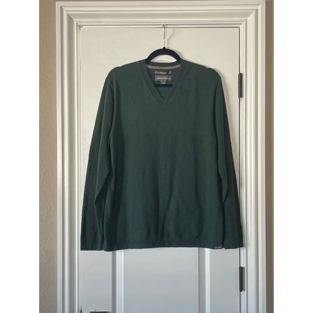 Eddie Bauer Mens Green V Neck Cotton Merino Blend Knit Medium - Picture 2 of 6